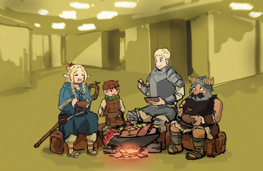 1girl 3boys armor backrooms_(creepypasta) beard blonde_hair blue_capelet blue_robe bowl braid brown_hair campfire capelet chilchuck_tims cooking dungeon_meshi eating elf facial_hair fake_horns full_body green_scarf helmet holding holding_bowl holding_spoon horned_helmet horns indoors laios_touden leather_armor long_beard long_hair looking_at_another marcille_donato multiple_boys plate_armor pointy_ears robe sandals scarf senshi_(dungeon_meshi) short_hair sitting sketch smile spoon tenten_(chan4545) thick_beard very_long_beard