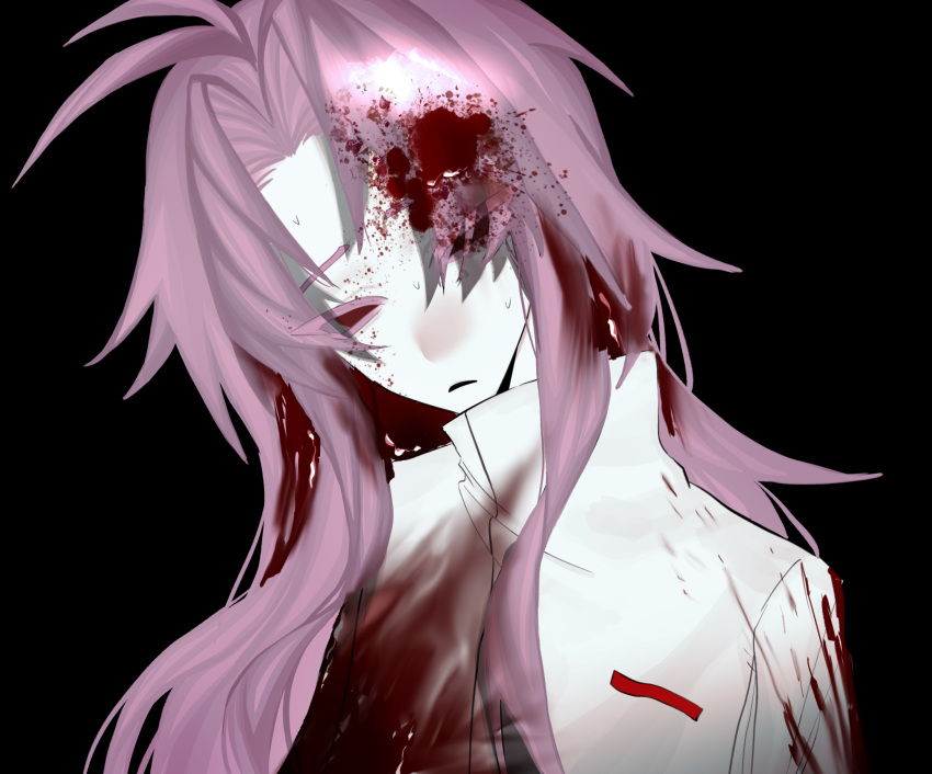 1boy antenna_hair black_background blood blood_in_hair blood_on_clothes blood_on_face colored_eyelashes colored_skin frown haidan_(tangguonihaizaima) hatsutori_hajime highres long_hair male_focus open_mouth parted_bangs pink_hair portrait red_eyes saibou_shinkyoku shirt simple_background solo sweat white_shirt white_skin