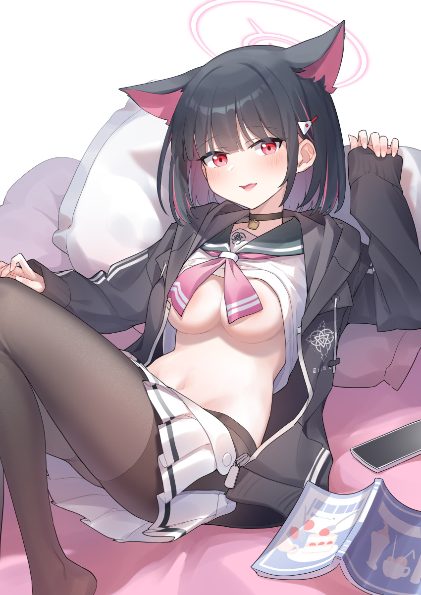 1girl absurdres animal_ears areola_slip black_choker black_hair black_hoodie black_pantyhose blue_archive blush book breasts cat_ears cellphone chinese_commentary choker clothes_lift colored_inner_hair commentary_request extra_ears halo hand_up highres hood hoodie kazusa_(blue_archive) long_sleeves looking_at_viewer lying medium_breasts medium_hair multicolored_hair navel neckerchief no_bra on_back open_book open_clothes open_hoodie open_mouth pantyhose phone pillow pink_eyes pink_hair pink_halo pink_neckerchief saltedfishmax school_uniform serafuku shirt shirt_lift sleeves_past_wrists smartphone solo thighband_pantyhose white_shirt