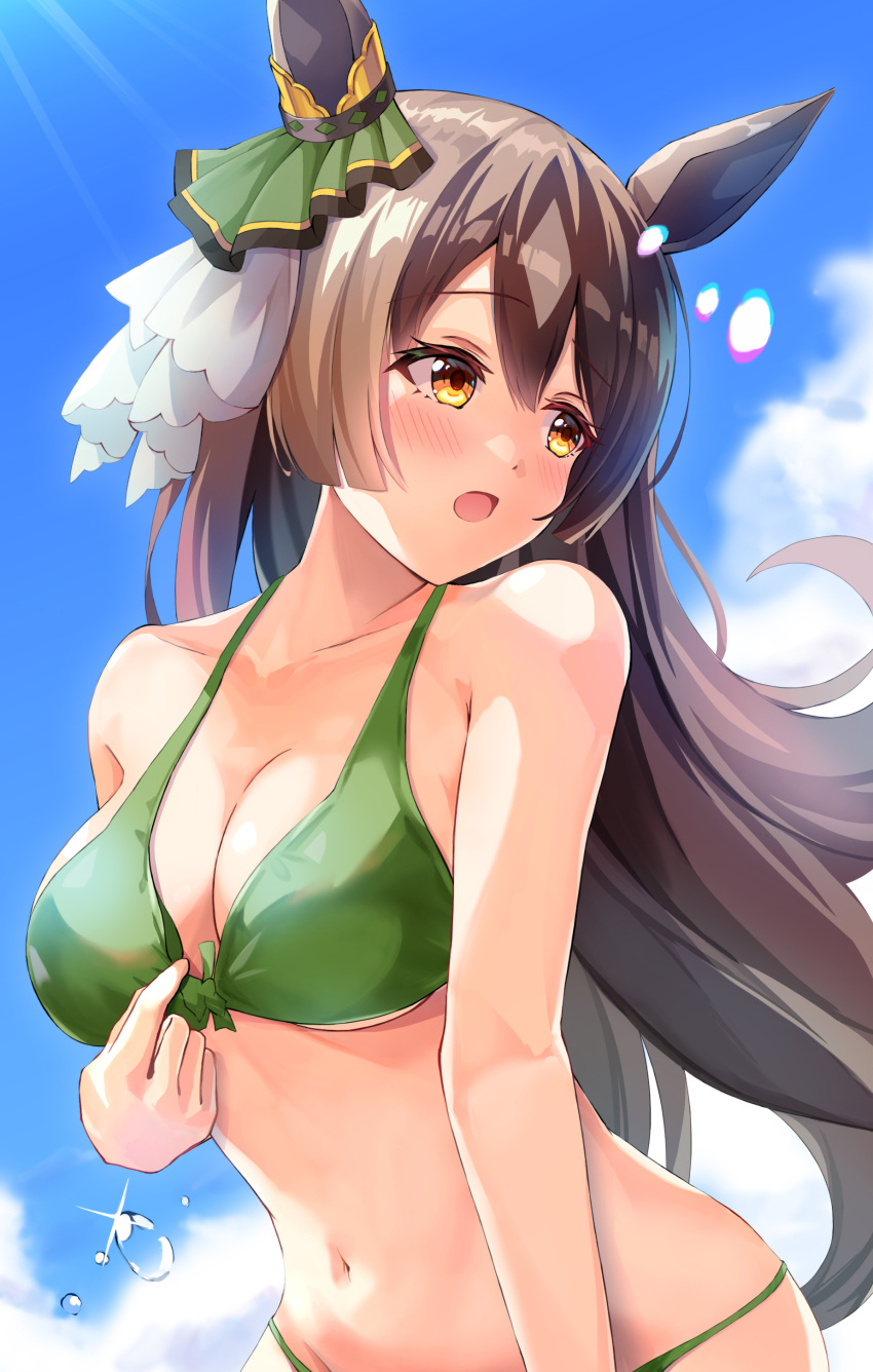 1girl absurdres animal_ears bikini blue_sky blush breasts brown_hair cleavage cloud commentary_request day ear_ribbon green_bikini green_ribbon highres horse_ears horse_girl horse_tail kuroganeruto long_hair looking_to_the_side medium_breasts navel open_mouth outdoors ribbon satono_diamond_(umamusume) sky solo swimsuit tail umamusume yellow_eyes