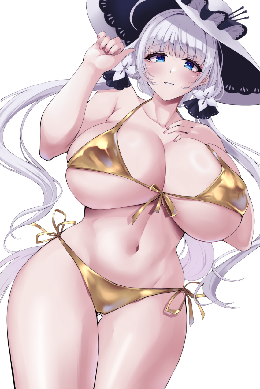 1girl alternate_costume ass_visible_through_thighs azur_lane bikini blue_eyes blush breasts collarbone gold_bikini hair_ornament hands_up hat highres illustrious_(azur_lane) large_breasts long_hair mole mole_under_eye navel parted_lips sideboob simple_background skindentation smile solo stomach swimsuit thigh_gap thighs underboob wee_(weeyy) white_background white_hair white_hat