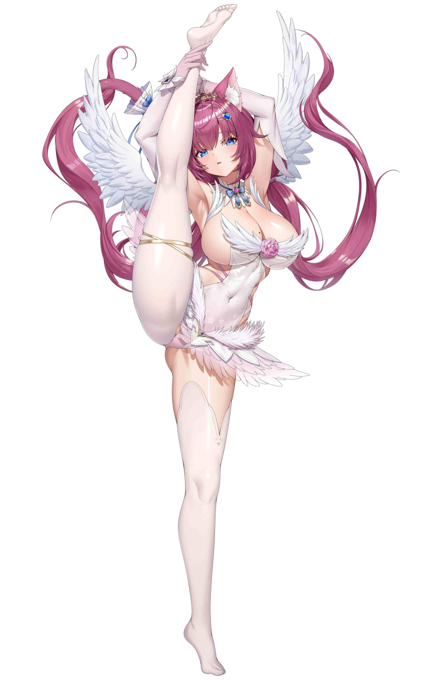 1girl absurdres angel_wings animal_ear_fluff animal_ears blue_eyes breasts covered_navel detached_collar elbow_gloves full_body gloves highres impossible_clothes indie_virtual_youtuber kosuzu_hisae large_breasts little_egg long_hair looking_at_viewer low_twintails pantyhose pink_hair solo split standing standing_on_one_leg standing_split twintails very_long_hair white_background white_pantyhose wings