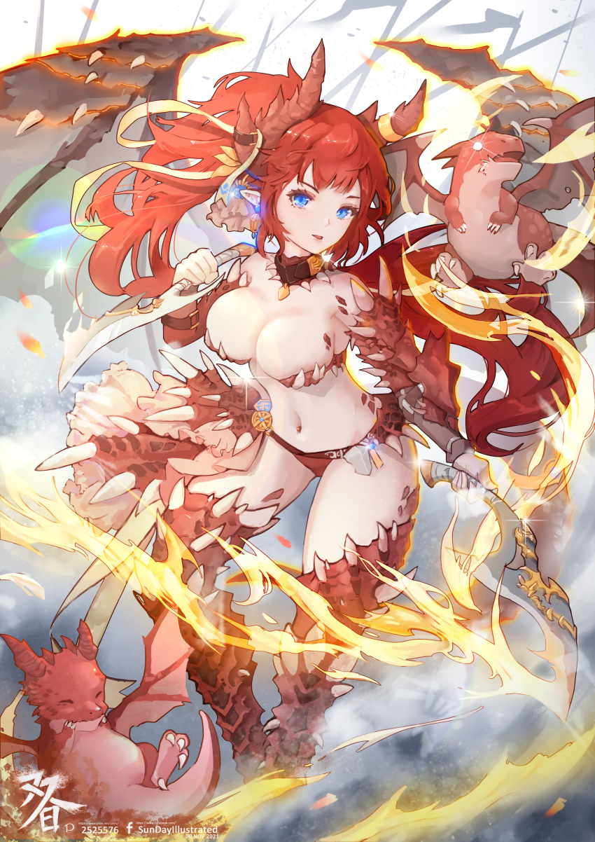 1girl absurdres blue_eyes breasts collar dragon dragon_girl dragon_horns dragon_tail dragon_wings edward5472 highres horns large_breasts long_hair monster_girl navel original pointy_ears red_hair solo tail wings