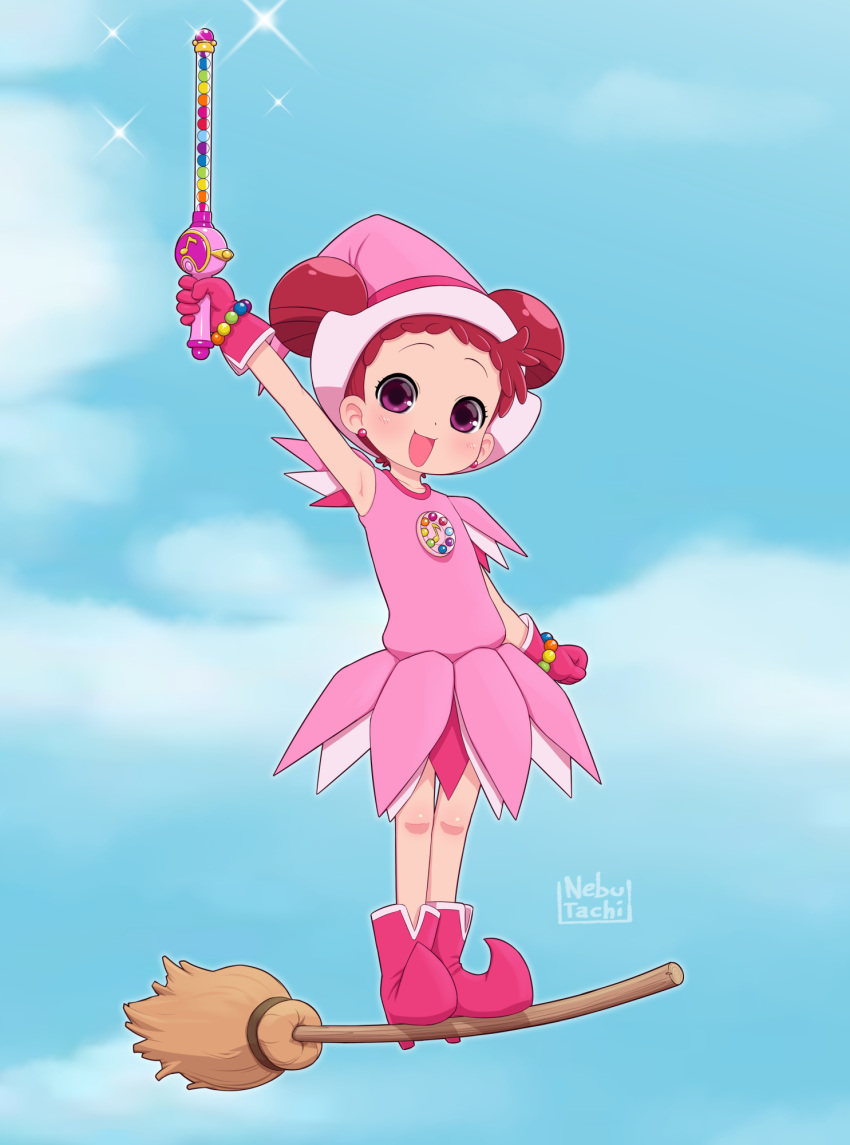 1girl :d arm_at_side arm_up armpits artist_name bead_bracelet beads blue_sky boots bracelet broom broom_surfing child clenched_hand double_bun dress earrings english_commentary full_body gloves hair_bun happy harukaze_doremi hat highres holding holding_wand jewelry looking_at_viewer magical_girl mixed-language_commentary ojamajo_doremi open_mouth pink_dress pink_eyes pink_footwear pink_gloves pink_hat pinkbunnyjuice pointy_footwear raised_eyebrows red_hair short_hair short_sleeves sky smile solo sparkle standing wand witch_hat