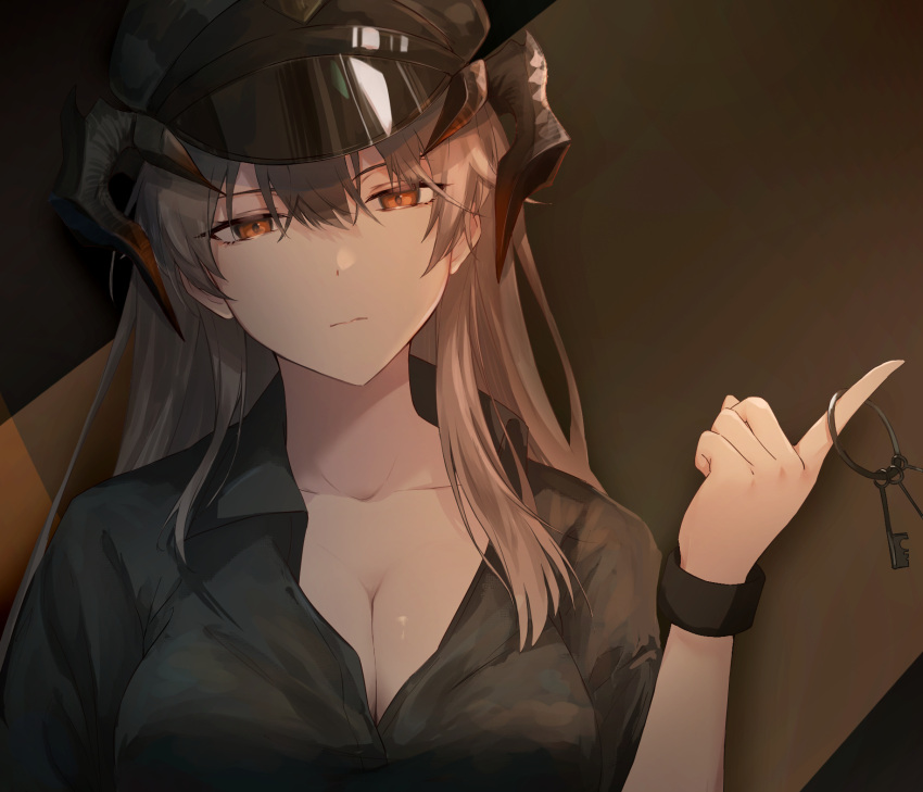 1girl arknights black_background black_headwear black_shirt black_wristband breasts brown_background cleavage collarbone dragon_horns grey_hair hair_between_eyes hat highres holding holding_key horns key keyring kiyakyuu large_breasts long_hair looking_at_viewer official_alternate_costume orange_eyes saria_(arknights) saria_(the_law)_(arknights) shirt short_sleeves simple_background solo straight-on two-tone_background