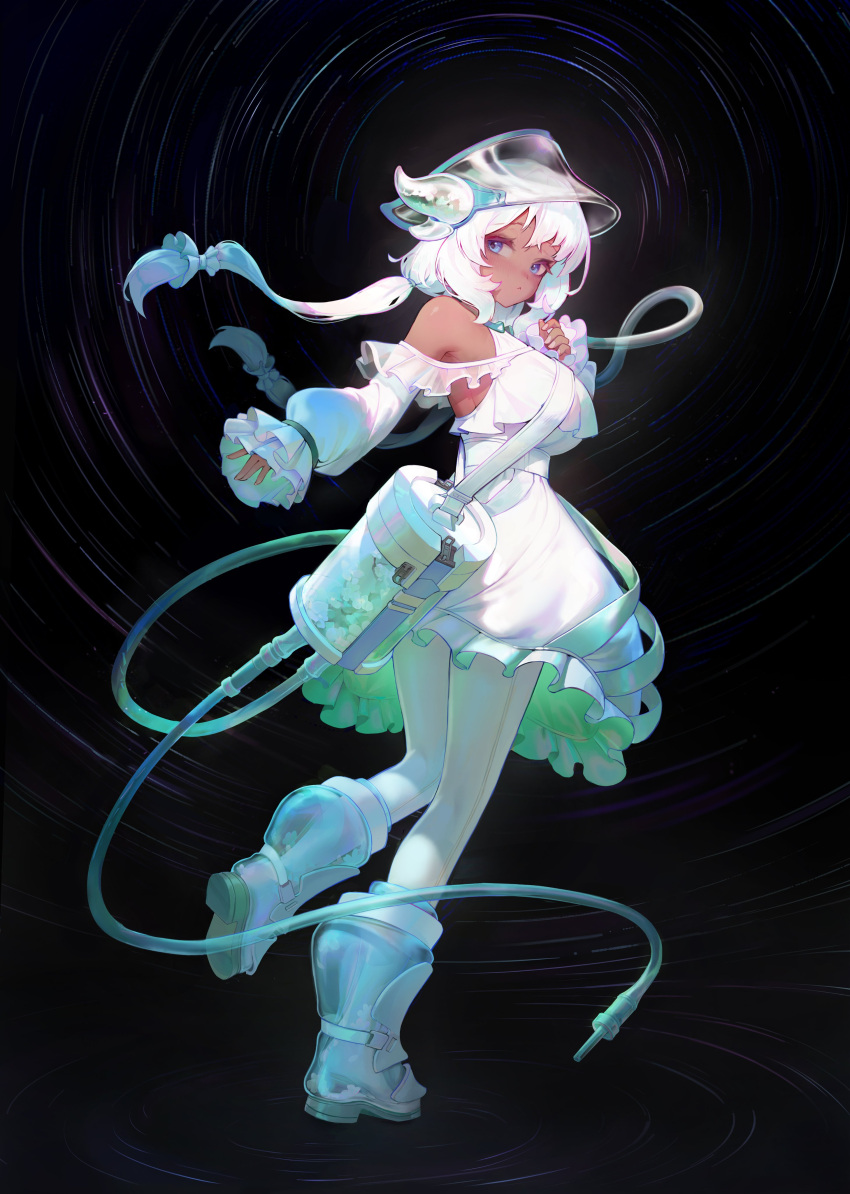 1girl absurdres bare_shoulders blue_eyes boots breasts commentary detached_sleeves dress frilled_dress frilled_sleeves frills full_body highres long_hair looking_at_viewer ohoo_7am original pantyhose see-through_footwear see-through_headwear solo standing symbol-only_commentary twintails white_dress white_hair white_pantyhose