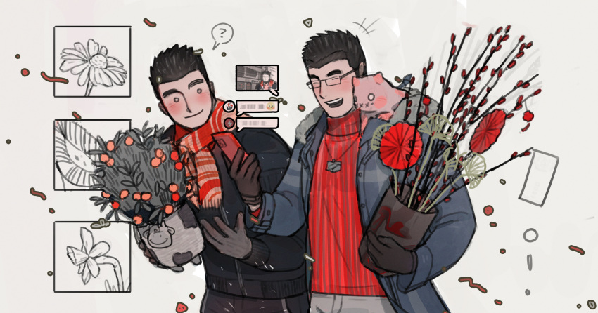 2boys ? black_hair black_jacket black_pants blue_coat coat confetti devil_(housamo) flower glasses grey_background grey_pants highres jacket jewelry limited_palette male_focus motoori_shiro multiple_boys necklace open_mouth pants plant potted_plant protagonist_3_(housamo) red_sweater ribbed_sweater scarf short_hair smile speech_bubble spoken_question_mark striped_clothes striped_scarf sweater text_messaging tokyo_afterschool_summoners turtleneck tyou yaoi