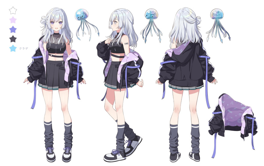 1girl :d ankle_socks barcode barcode_tattoo black_footwear black_jacket black_shirt black_skirt breasts character_name closed_mouth color_guide commentary_request cropped_shirt foot_up grey_hair grey_socks hair_bun hechima_(issindotai) highres hood hooded_jacket jacket jacket_partially_removed jellyfish long_hair long_sleeves loose_socks medium_breasts midriff miniskirt navel open_mouth parallel_artist_project pleated_skirt profile purple_eyes reference_sheet see-through shirakasa_kurage shirt shoes simple_background single_side_bun skirt sleeveless sleeveless_shirt smile sneakers socks straight-on tattoo translated two-sided_fabric two-sided_jacket two-tone_footwear virtual_youtuber white_background white_footwear