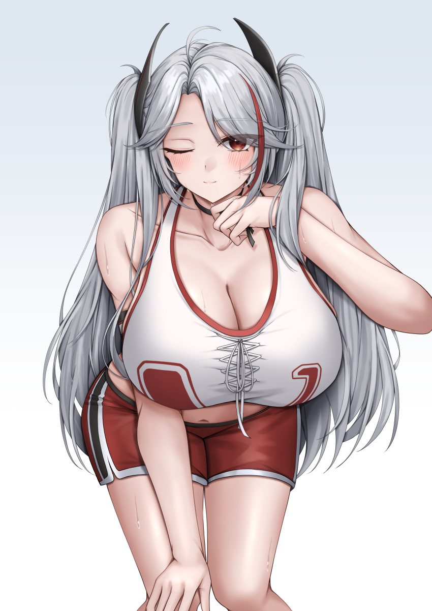 1girl absurdres azur_lane bare_arms bare_shoulders black_choker blush breasts choker cleavage closed_mouth gradient_background grey_hair hand_up highres large_breasts leaning_forward long_hair multicolored_hair navel official_alternate_costume one_eye_closed prinz_eugen_(azur_lane) prinz_eugen_(brilliant_touchdown)_(azur_lane) red_eyes red_hair red_shorts short_shorts shorts simple_background sleeveless smile solo streaked_hair thighs ueyama_0clock