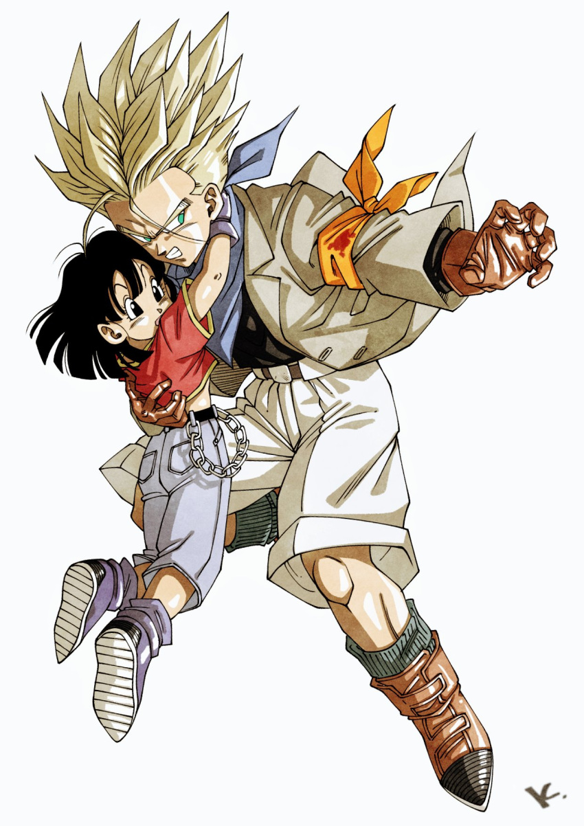 1boy 1girl bandana commentary_request dragon_ball dragon_ball_gt gloves highres jacket kakeru_(dbskakeru) orange_bandana pan_(dragon_ball) red_shirt saiyan scarf shirt shoes shorts simple_background spiked_hair super_saiyan super_saiyan_1 t-shirt trunks_(dragon_ball)