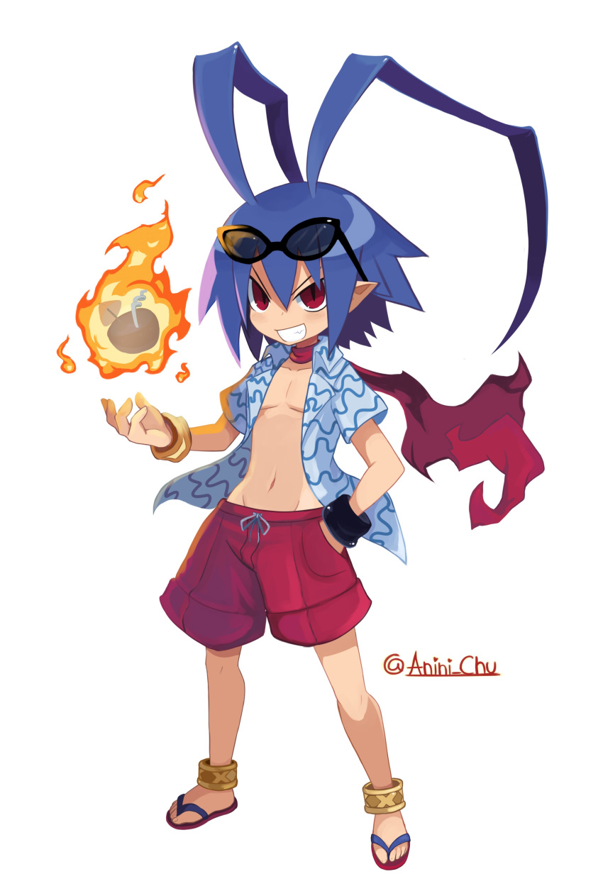 1boy absurdres anini blue_hair collared_shirt commentary disgaea disgaea_rpg eyewear_on_head feet fingernails flip-flops full_body glasses hair_between_eyes hand_in_pocket highres laharl legs male_focus male_swimwear navel open_clothes open_shirt red_eyes red_scarf red_shorts sandals scarf shirt shorts smile solo sunglasses swim_trunks teeth toes topless_male white_background
