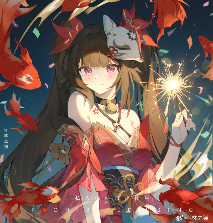 1girl bare_shoulders bell breasts brown_hair cleavage closed_mouth detached_sleeves dress facial_mark fox_mask hair_ornament highres holding_fireworks honkai:_star_rail honkai_(series) lin_zhi_mao long_hair looking_at_viewer mask mask_on_head neck_bell pink_eyes red_dress short_sleeves smile solo sparkle_(honkai:_star_rail) tattoo twintails upper_body