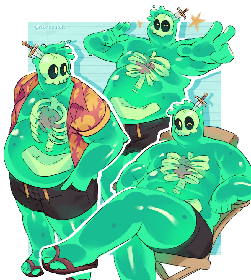 1boy ^_^ absurdres bara big_belly black_male_swimwear black_sclera closed_eyes colored_sclera colored_skin crossed_legs double_v doug_(monster_prom) fat fat_man green_skin happy hawaiian_shirt highres large_feet looking_at_viewer looking_to_the_side male_focus male_swimwear monster_boy monster_prom multiple_views nifast_(greentail) object_through_head on_chair open_clothes open_shirt see-through shirt short_shorts shorts sitting slime_boy solo sparkle swim_trunks sword_in_head tareme thick_thighs thighs topless_male v