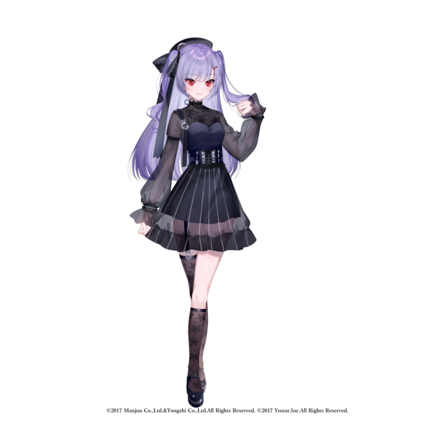 1girl ajax_(azur_lane) asymmetrical_legwear azur_lane bangs beret black_dress black_footwear black_headwear black_legwear black_ribbon blunt_bangs breasts commentary_request corset covered_collarbone crossed_legs dress eyebrows_visible_through_hair full_body garter_straps hair_ornament hair_ribbon hairclip hand_up hat long_hair long_sleeves looking_at_viewer miwano_rag purple_hair ribbon see-through_dress see-through_sleeves shoes sidelocks simple_background small_breasts smile solo standing two_side_up watson_cross white_background zozotown