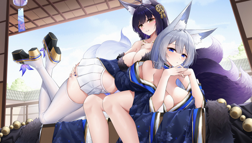 2girls absurdres animal_ears ass_grab azur_lane bare_legs bare_shoulders bent_over black_hair black_kimono blue_eyes blue_kimono blue_nails breast_press breast_rest breasts breasts_on_another's_back cleavage commentary_request crossed_legs day expressionless floral_print fox_ears fox_girl fox_tail from_below from_side full_body gradient_tail grin hair_between_eyes hair_over_eyes hand_on_another's_ass hands_up high_heels highres indoors japanese_clothes jfzm001 kimono kimono_pull kitsune kneeling large_breasts legs_folded long_hair looking_at_viewer looking_down lying lying_on_person midriff miniskirt multiple_girls musashi_(azur_lane) nail_polish on_stomach open_door own_hands_together parted_lips pleated_skirt print_kimono purple_hair purple_nails sakura_empire_(emblem) shinano_(azur_lane) sitting skindentation skirt smile tail thighhighs thighs very_long_hair white_hair white_skirt yellow_eyes