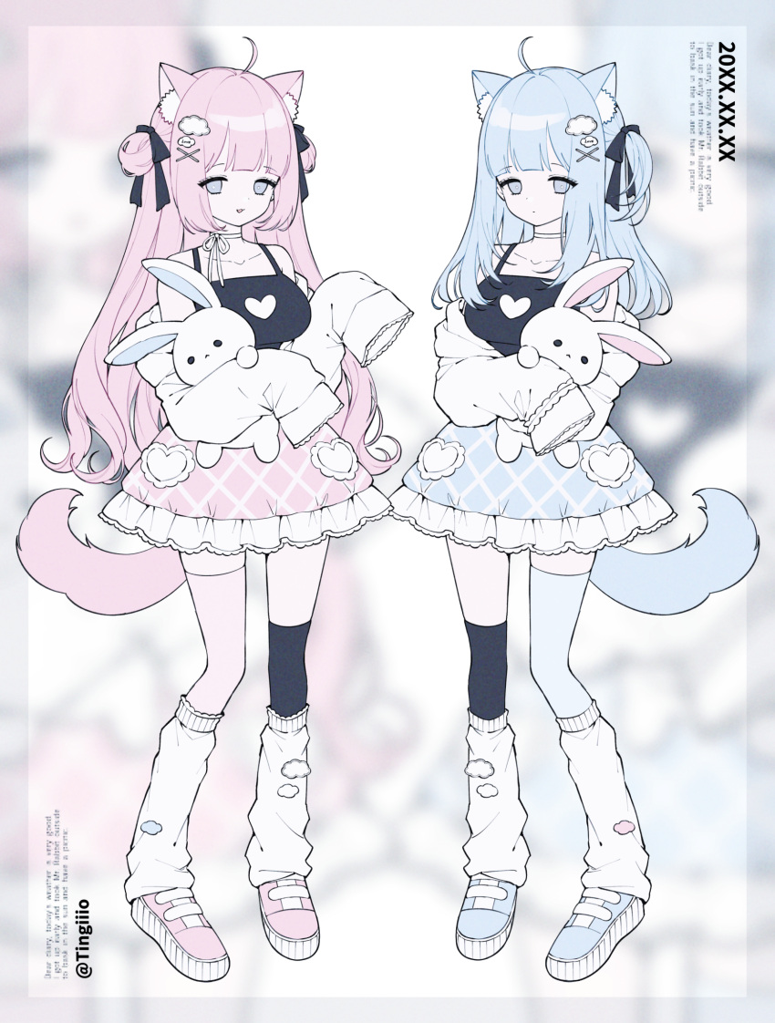 2girls ahoge animal_ears asymmetrical_legwear black_thighhighs blue_eyes blue_footwear blue_hair blue_skirt blue_thighhighs bow_choker breasts cat_ears cat_girl cat_tail crossed_arms english_text frilled_skirt frills full_body hair_ornament hand_up heart highres holding holding_stuffed_toy jacket leg_warmers long_hair mismatched_legwear multiple_girls off_shoulder original paid_reward_available pink_footwear pink_hair pink_skirt pink_thighhighs shirt skirt sleeveless sleeveless_shirt sleeves_past_wrists spaghetti_strap standing stuffed_animal stuffed_rabbit stuffed_toy tail thighhighs ting_(tingiiio) twitter_username uneven_legwear white_jacket white_leg_warmers x_hair_ornament