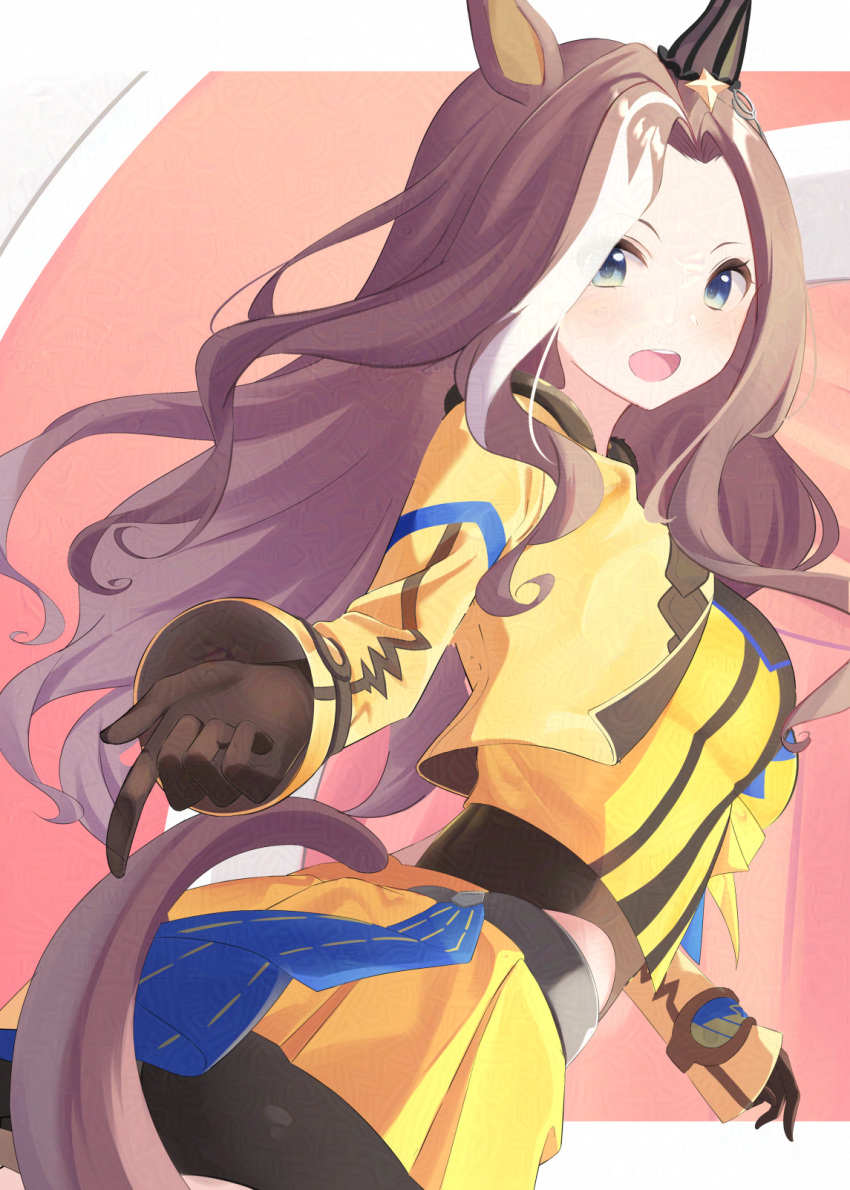 1girl animal_ears bike_shorts black_shorts blue_eyes blush breasts brown_gloves brown_hair commentary_request cropped_jacket daring_heart_(umamusume) forehead from_side gloves highres horse_ears horse_girl horse_tail jacket long_hair long_sleeves looking_at_viewer looking_to_the_side medium_breasts multicolored_hair open_clothes open_jacket open_mouth pleated_skirt roido_(taniko-t-1218) shirt shorts shorts_under_skirt skirt sleeves_past_wrists solo tail two-tone_hair umamusume very_long_hair white_hair wide_sleeves yellow_jacket yellow_shirt yellow_skirt