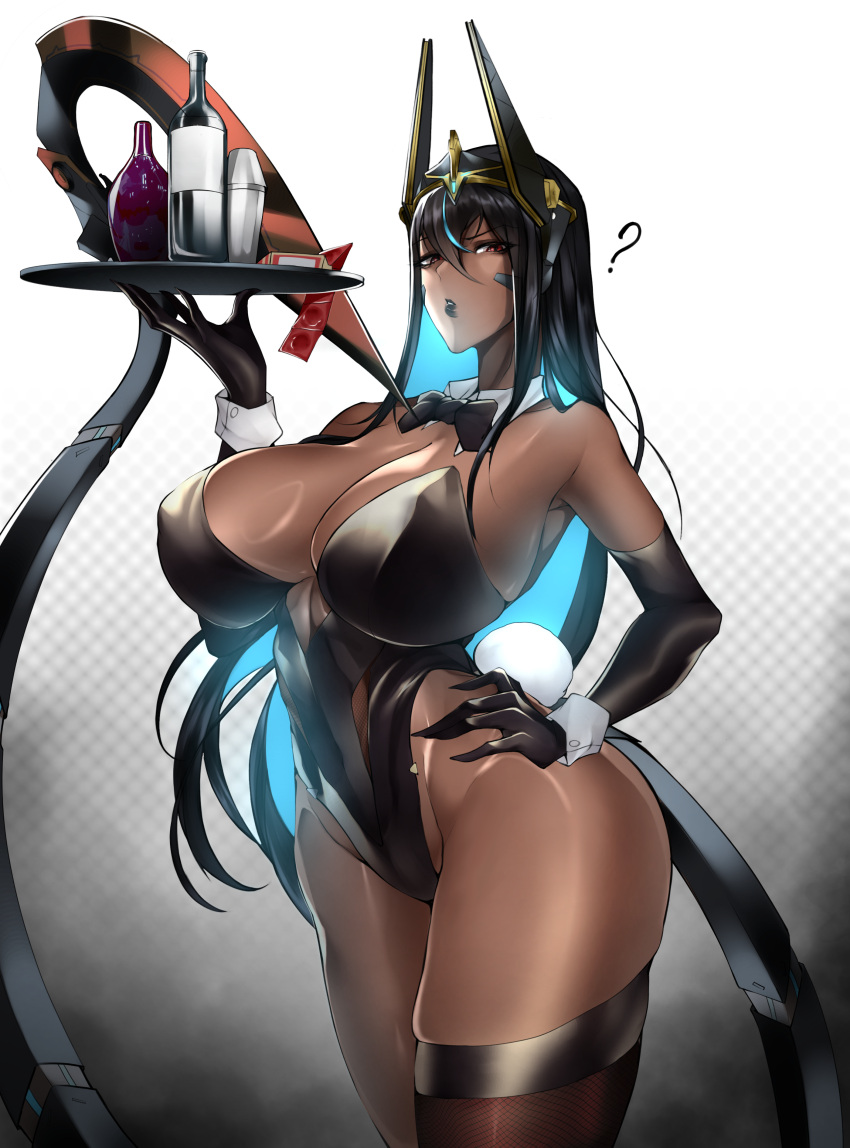 1girl absurdres alcohol black_hair black_leotard blue_hair breasts colored_inner_hair condom condom_packet_strip condom_wrapper dark-skinned_female dark_skin fishnets goddess_of_victory:_nikke hand_on_own_hip headgear highleg highleg_leotard highres holding holding_tray huge_breasts indivilia_(nikke) leotard lips lipstick long_hair looking_at_viewer makeup multicolored_hair red_eyes single_thighhigh skindentation solo tail thighhighs thighs tray z_enatsu