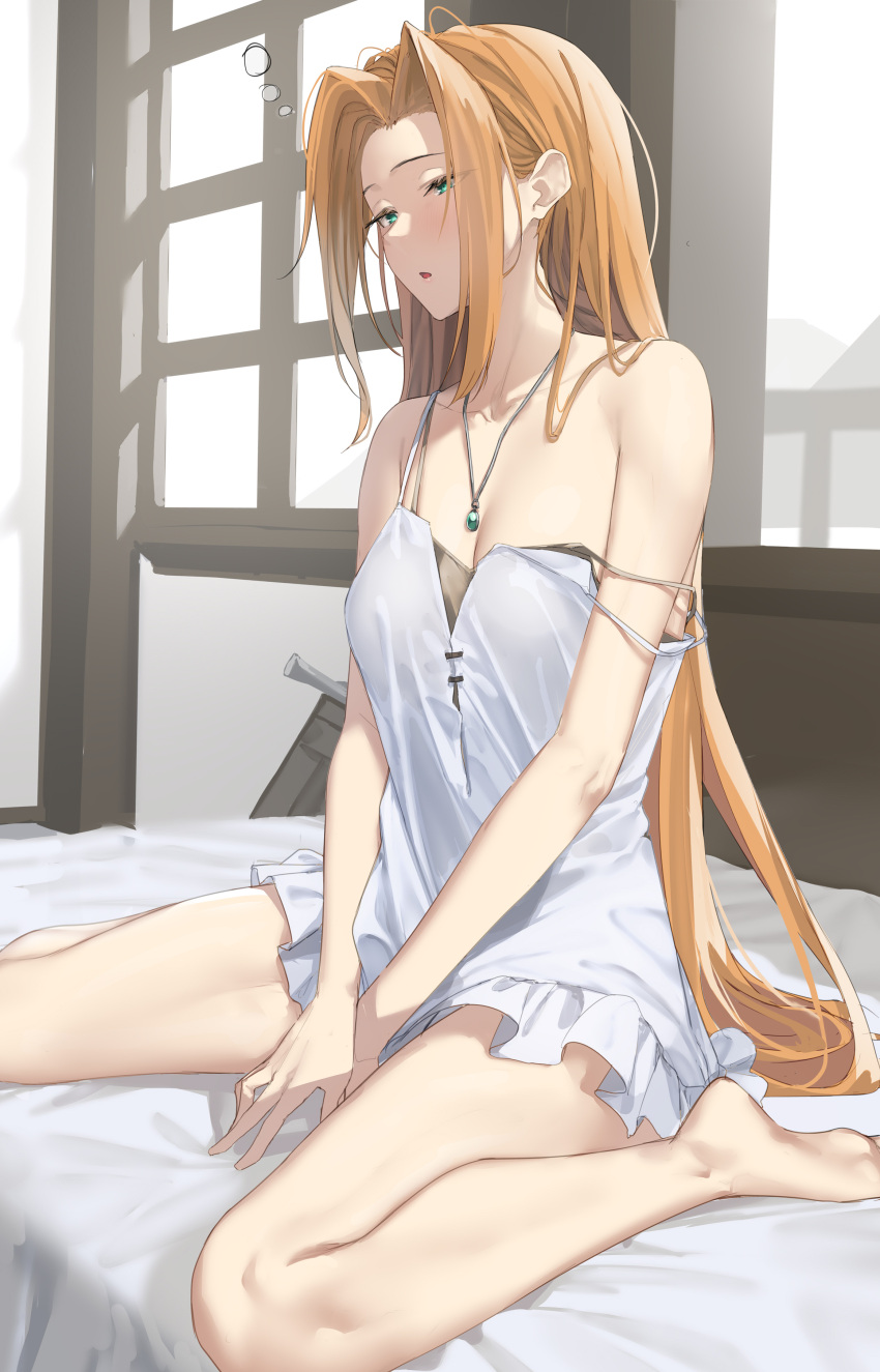 1girl absurdres babydoll bed blush breasts cleavage collarbone commentary_request frilled_babydoll green_eyes highres indoors long_hair on_bed orange_hair original pallad parted_lips sitting solo white_babydoll window