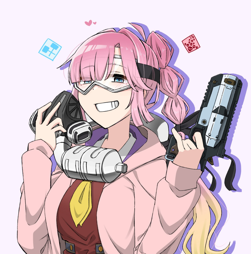 1girl :d ahoge anyoji_hime apex_legends b3_wingman black_ribbon blonde_hair blue_eyes blunt_bangs borrowed_accessory breasts brown_dress caustic_(apex_legends) commentary_request dress drop_shadow finger_on_trigger goggles gradient_hair grin gun hair_intakes hair_ribbon half-closed_eyes handgun hasu_no_sora_school_uniform heart highres holding holding_gun holding_mask holding_weapon hood hooded_jacket jacket link!_like!_love_live! long_hair long_sleeves looking_at_viewer love_live! mask medium_breasts multi-tied_hair multicolored_hair neckerchief open_clothes open_jacket pink_hair pink_jacket ponytail respirator ribbon sailor_collar sailor_dress school_uniform sidelocks simple_background skull smile solo swept_bangs tetetsu_(yuns4877) unworn_mask upper_body very_long_hair virtual_youtuber weapon white_background white_sailor_collar winter_uniform yellow_neckerchief