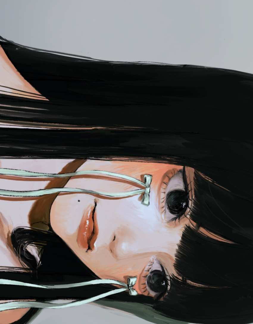 1girl ;| aniyu black_hair close-up crying hand_on_own_face highres long_hair looking_to_the_side original ribbon simple_background solo tears