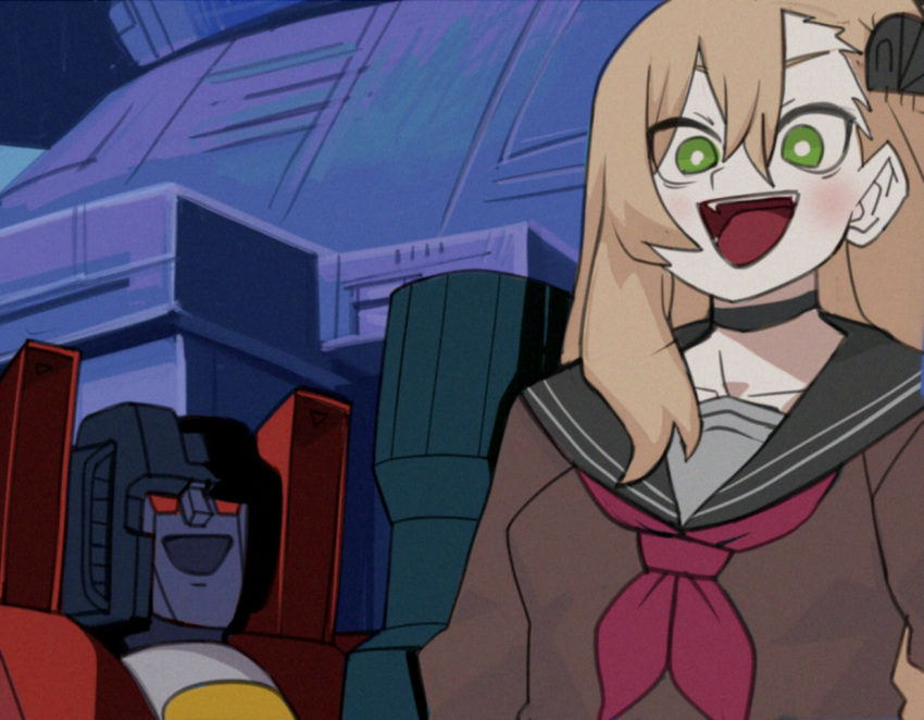 1980s_(style) 1girl blonde_hair borrowed_character bright_pupils choker green_eyes hair_between_eyes insect_hair_ornament laughing long_hair matangomu-chan original pillbug retro_artstyle robot sarikyou school_uniform serafuku shioinu_kemushi starscream transformers transformers:_generation_1 white_pupils