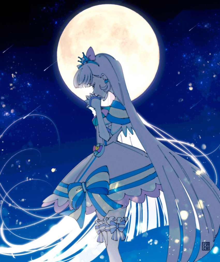 1girl aoi_tete aqua_bow aqua_bowtie artist_logo blue_bow blue_crown blue_hairband bow bow_legwear bowtie closed_eyes crown crown_earrings cure_nyammy dress dress_bow elbow_gloves frilled_thighhighs frills from_side full_moon gloves hair_bow hairband half_gloves highres long_hair magical_girl mini_crown moon nekoyashiki_yuki night night_sky off-shoulder_dress off_shoulder outdoors own_hands_together pink_bow pouch praying precure short_dress sky solo standing thighhighs very_long_hair white_dress white_gloves white_hair white_thighhighs wonderful_precure!