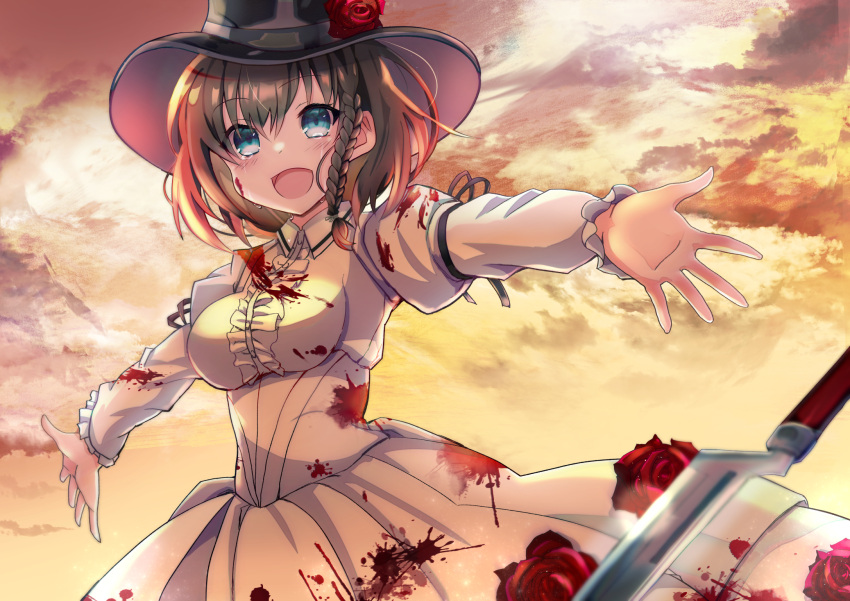 1girl :d black_hat black_ribbon blood blood_on_clothes blood_on_face blue_eyes braid breasts brown_hair center_frills charlotte_corday_(fate) charlotte_corday_(third_ascension)_(fate) cowboy_shot crying crying_with_eyes_open dress fate/grand_order fate_(series) flower frills fukiya_(fumiakitoyama) hat hat_flower highres juliet_sleeves knife long_sleeves looking_at_viewer open_mouth outstretched_arms outstretched_hand puffy_sleeves red_flower red_rose ribbon rose sky smile solo tears white_dress yellow_sky