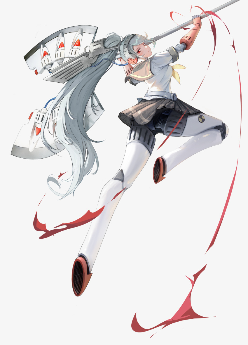 1girl absurdres axe black_skirt blue_hair headphones high_ponytail highres holding holding_axe joints jumping labrys_(persona) long_hair looking_down mechanical_arms mechanical_legs pale_skin panties pantyshot papon persona persona_4 persona_4:_the_ultimate_in_mayonaka_arena pleated_skirt pursed_lips red_eyes robot_joints school_uniform simple_background skirt solo underwear very_long_hair white_background