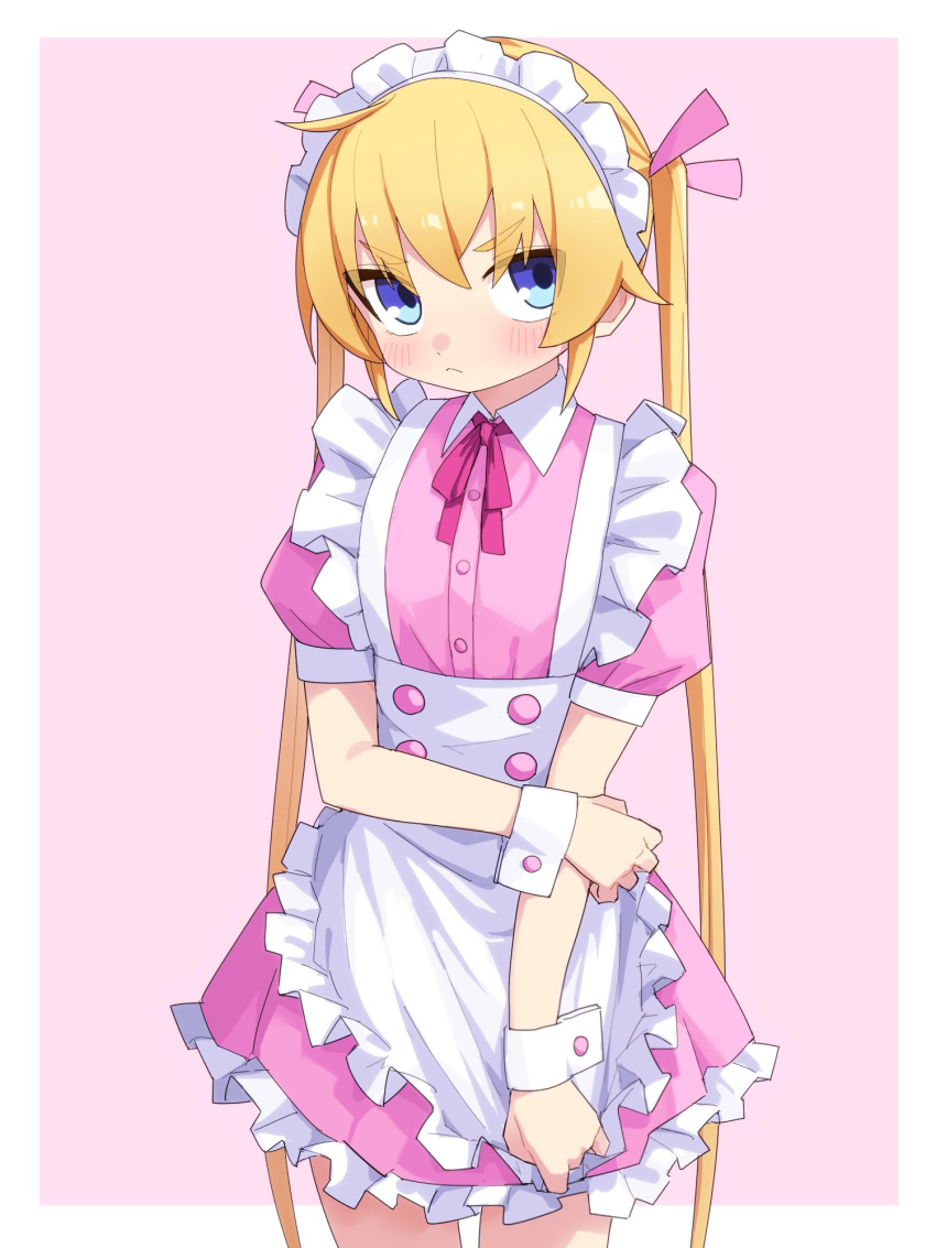 1girl :&lt; apron blonde_hair blue_eyes blush closed_mouth commentary dress frilled_apron frills hair_between_eyes hair_ribbon highres kill_me_baby long_hair maid_headdress neck_ribbon pink_dress pink_ribbon puffy_short_sleeves puffy_sleeves ribbon short_sleeves simple_background sleeves_past_wrists solo sonya_(kill_me_baby) twintails two-tone_background very_long_hair white_apron yachima_tana