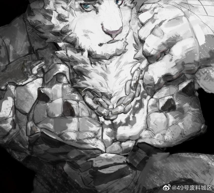 1boy animal_ears arknights artist_request bara blue_eyes chain chain_necklace facial_hair furry furry_male goatee greyscale head_out_of_frame jewelry large_hands large_pectorals looking_at_viewer male_focus monochrome mountain_(arknights) muscular muscular_male necklace parted_lips pectoral_cleavage pectorals portrait scar scar_across_eye scar_on_arm short_hair solo spot_color thick_eyebrows tiger_boy tiger_ears upper_body white_hair