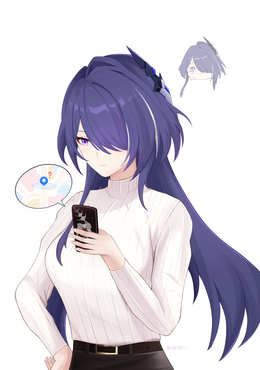 1girl ? acheron_(honkai:_star_rail) artist_name bad_id baiwei0213 belt black_belt black_pants chibi closed_mouth commentary crying crying_with_eyes_open hair_ornament hair_over_one_eye hand_on_own_hip highres holding holding_phone honkai:_star_rail honkai_(series) long_hair looking_at_phone map multicolored_hair pants phone purple_eyes purple_hair ribbed_sweater simple_background single_hair_intake solo streaked_hair sweater tears turtleneck turtleneck_sweater white_background