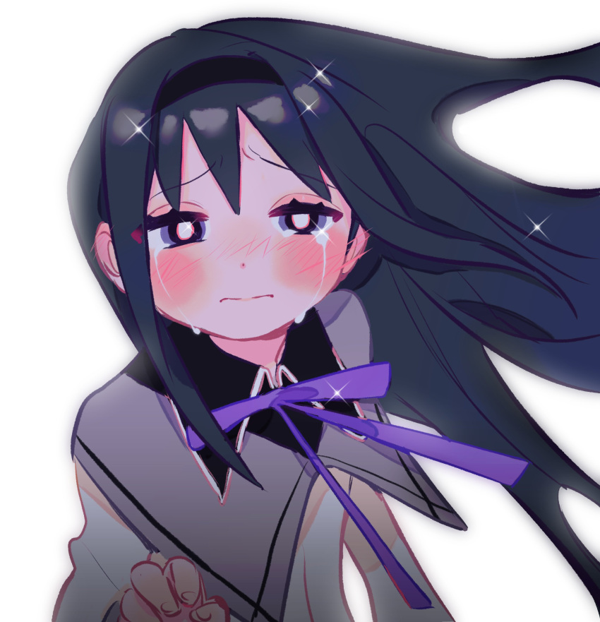 1girl absurdres akemi_homura_(magical_girl) black_hair black_hairband blush capelet closed_mouth collared_capelet collared_shirt crying dot_nose floating_clothes floating_hair from_above furrowed_brow hair_intakes hairband half-closed_eyes hand_up highres kerberos_(kerbe_) long_hair long_sleeves looking_ahead mahou_shoujo_madoka_magica mahou_shoujo_madoka_magica_(anime) neck_ribbon purple_eyes purple_ribbon ribbon shirt simple_background solo streaming_tears sweater tears upper_body very_long_hair white_background white_shirt white_sweater wing_collar