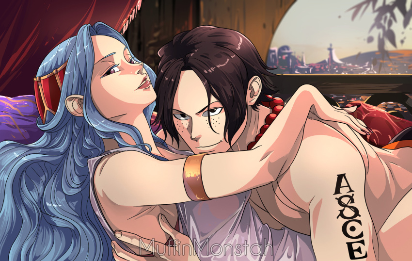 1boy 1girl arm_tattoo artist_name bare_shoulders black_eyes black_hair blue_hair brown_eyes closed_mouth commentary english_commentary freckles hair_ornament hair_over_one_eye highres indoors lips lipstick long_hair looking_at_viewer makeup muffinmonstah nefertari_vivi one_piece portgas_d._ace short_hair smile tattoo topless_male