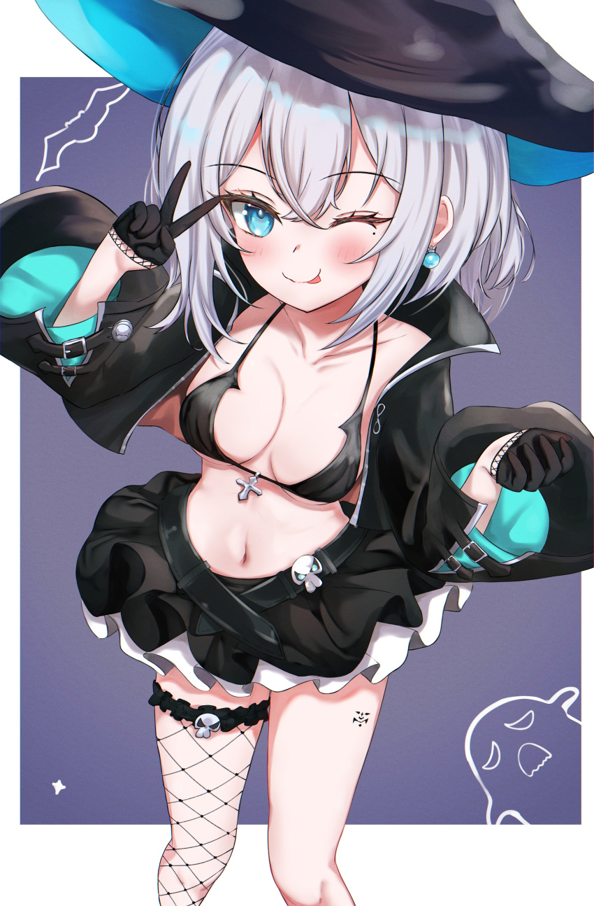 1girl ;p absurdres azur_lane belt black_belt black_gloves black_jacket black_skirt blue_eyes blue_gemstone blush breasts breasts_apart cleavage closed_mouth cropped_jacket earrings gem gloves hair_between_eyes half_gloves hands_up hat highres hip_focus jacket jade_(a_good_girl's_magic)_(azur_lane) jade_(azur_lane) jewelry legs_apart long_sleeves medium_breasts medium_hair microskirt midriff miniskirt navel one_eye_closed open_clothes open_jacket pearl_earrings pleated_skirt single_fishnet_legwear single_thighhigh skirt solo thighhighs thighs tongue tongue_out umidemi v_over_eye white_hair wide_sleeves witch witch_hat