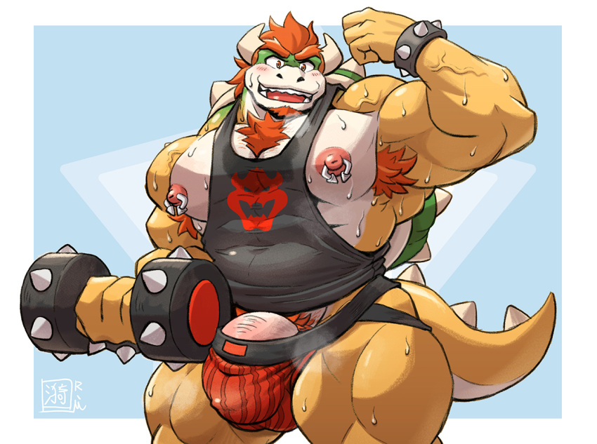 2023 anthro areola armpit_hair barazoku beard biceps big_bulge big_muscles big_penis blue_background bodily_fluids body_hair border bowser bracelet breath bulge chest_hair clothed clothing detailed_bulge dumbbell exercise eyebrows facial_hair flexing genitals grey_border h155296 hair horn huge_muscles humanoid_genitalia humanoid_penis jewelry jockstrap kemono koopa logo looking_at_viewer male manly mario_bros muscular muscular_anthro muscular_male musk nintendo nipple_piercing nipple_ring nipples non-mammal_nipples obliques open_mouth open_smile pecs penis penis_base piercing pubes quads ring_piercing scalie serratus shell shirt signature simple_background smile solo spiked_bracelet spiked_shell spiked_tail spikes spikes_(anatomy) standing sweat tail tank_top teeth thick_arms thick_thighs tongue topwear underwear vein weightlifting weights workout