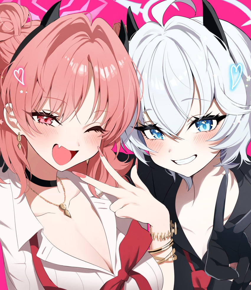 2girls ahoge black_choker black_gloves black_horns black_shirt blue_archive blue_eyes blue_halo blush breasts choker cleavage collarbone collared_shirt demon_horns double_bun earrings erika_(blue_archive) fake_horns fang fingernails gloves grey_hair grin hair_between_eyes hair_bun halo heart highres horns jewelry kirara_(blue_archive) large_breasts long_fingernails long_hair multiple_girls nail_polish necklace one_eye_closed open_mouth pineap000 pink_background pink_eyes pink_hair pink_halo pink_nails shirt short_hair simple_background skin_fang small_breasts smile v white_shirt