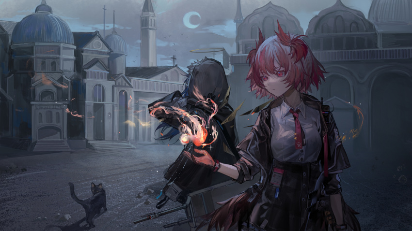 1girl 2girls absurdres arknights bird_girl bird_tail black_cat black_jacket black_skirt blue_hair building cat crescent_moon detached_sleeves energy_wings eyebrows_visible_through_hair facing_away fiammetta_(arknights) fire fur-trimmed_hood fur_trim gloves halo highres hood hood_up hooded_jacket id_card jacket liangban_xiexu moon mostima_(arknights) multiple_girls necktie night open_clothes open_jacket originium_arts_(arknights) outdoors red_eyes red_gloves red_hair red_necktie scenery shirt short_hair short_sleeves skirt sky solo tail white_shirt