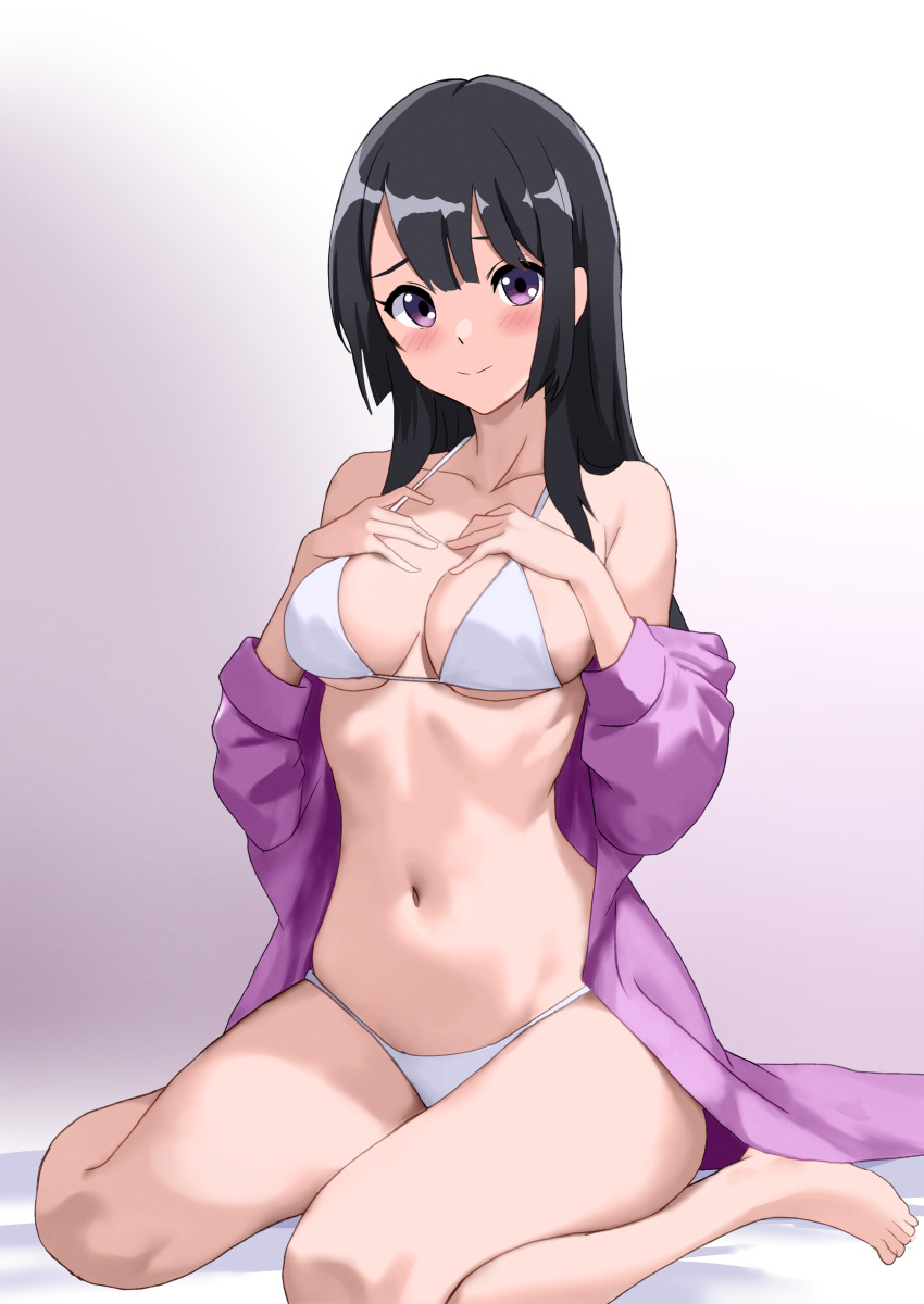 1girl absurdres barefoot bikini black_hair blush breasts collarbone hands_on_own_chest hibike!_euphonium highres kinomiki kousaka_reina long_hair long_sleeves medium_breasts navel off_shoulder purple_eyes purple_shirt raised_eyebrows shirt sitting solo stomach swimsuit thighs wariza white_bikini