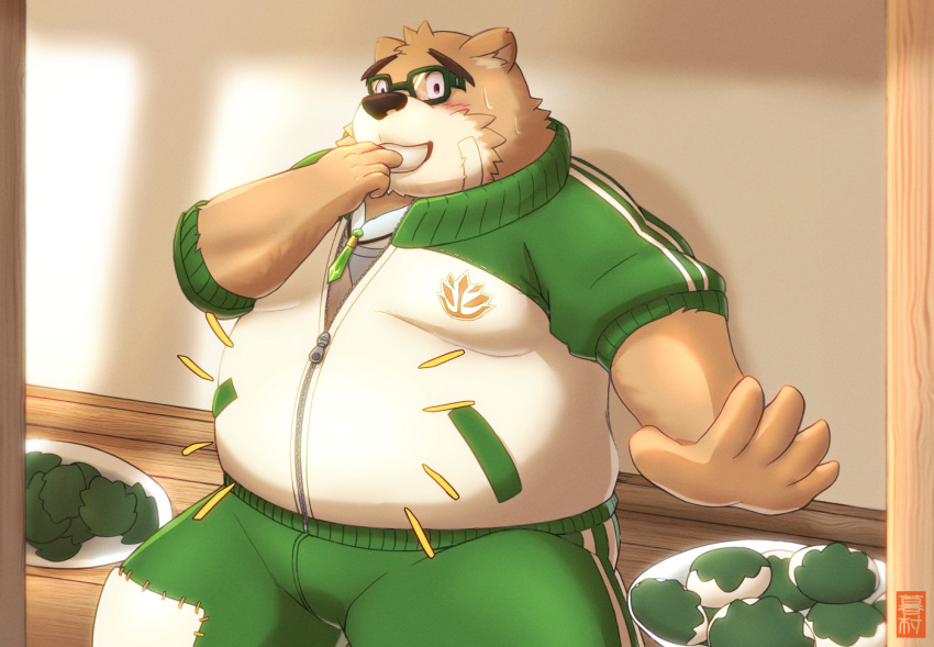 2024 anthro bear belly big_belly brown_body eating eyewear food glasses humanoid_hands kemono kuremura62213 lifewonders male mammal overweight overweight_male sitting solo surprised tokyo_afterschool_summoners volos_(tas)