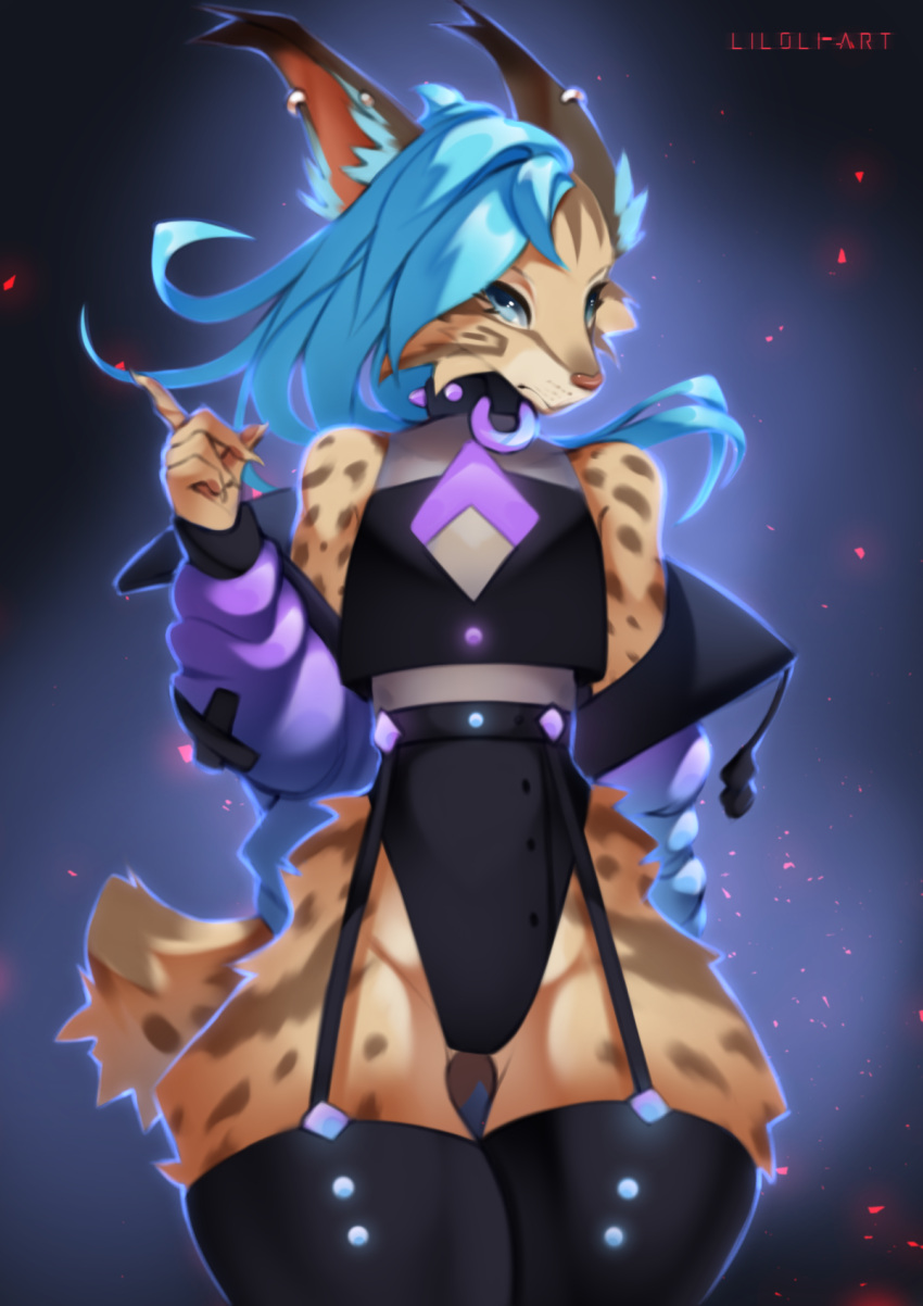 anthro blue_eyes blue_hair clothing collar ear_piercing felid feline fluffy hair hi_res jacket legwear liloli_(artist) lynx lynxie male mammal piercing simple_background solo spiked_collar spikes stockings thick_thighs topwear