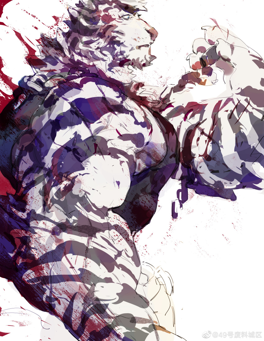 1boy absurdres animal_ears arknights artist_request bara black_tank_top blood blood_on_hands cropped_torso facial_hair from_side furry furry_male goatee highres large_pectorals looking_ahead male_focus mountain_(arknights) muscular muscular_male pectorals profile scar scar_across_eye scar_on_arm serious short_hair sidepec solo tank_top thick_eyebrows tiger_boy tiger_ears white_hair