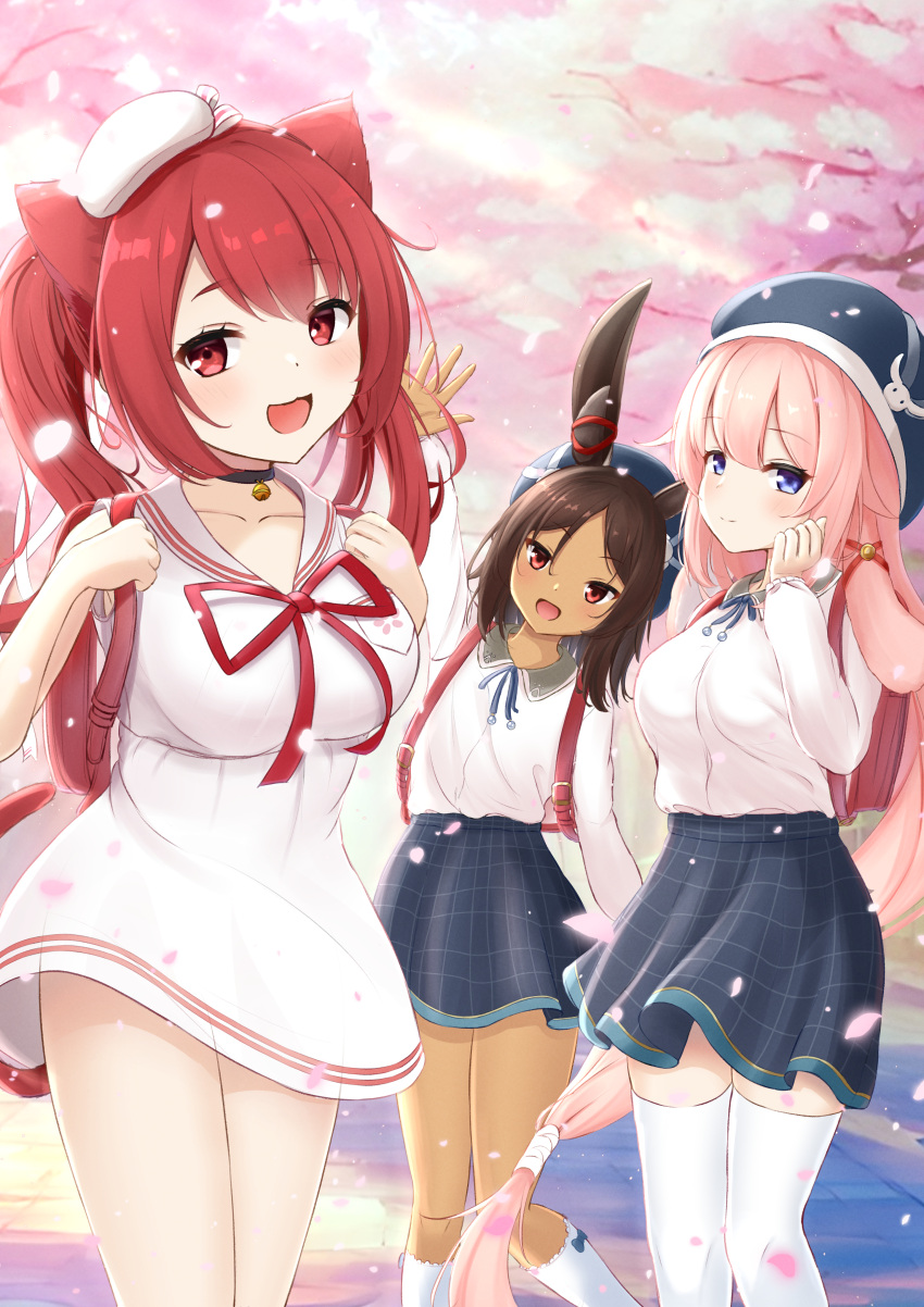 3girls absurdres animal_ears arm_up azur_lane backpack bag bell beret black_choker blue_eyes blue_hat blue_skirt brown_hair cat_ears cat_girl checkered_clothes checkered_skirt cherry_blossoms choker dress hat highres i-19_(azur_lane) i-19_(departure's_gentle_breeze)_(azur_lane) i-25_(azur_lane) i-25_(coral_reef_bunny)_(azur_lane) i-26_(azur_lane) i-26_(deep-sea_rabbit)_(azur_lane) jingle_bell kneehighs long_hair long_sleeves looking_at_viewer multiple_girls neck_bell official_alternate_costume open_mouth outdoors paashe parted_bangs pink_hair rabbit_ears rabbit_girl randoseru red_bag red_eyes red_hair school_bag school_uniform shirt skirt smile socks thighhighs very_long_hair waving white_dress white_hat white_shirt white_thighhighs