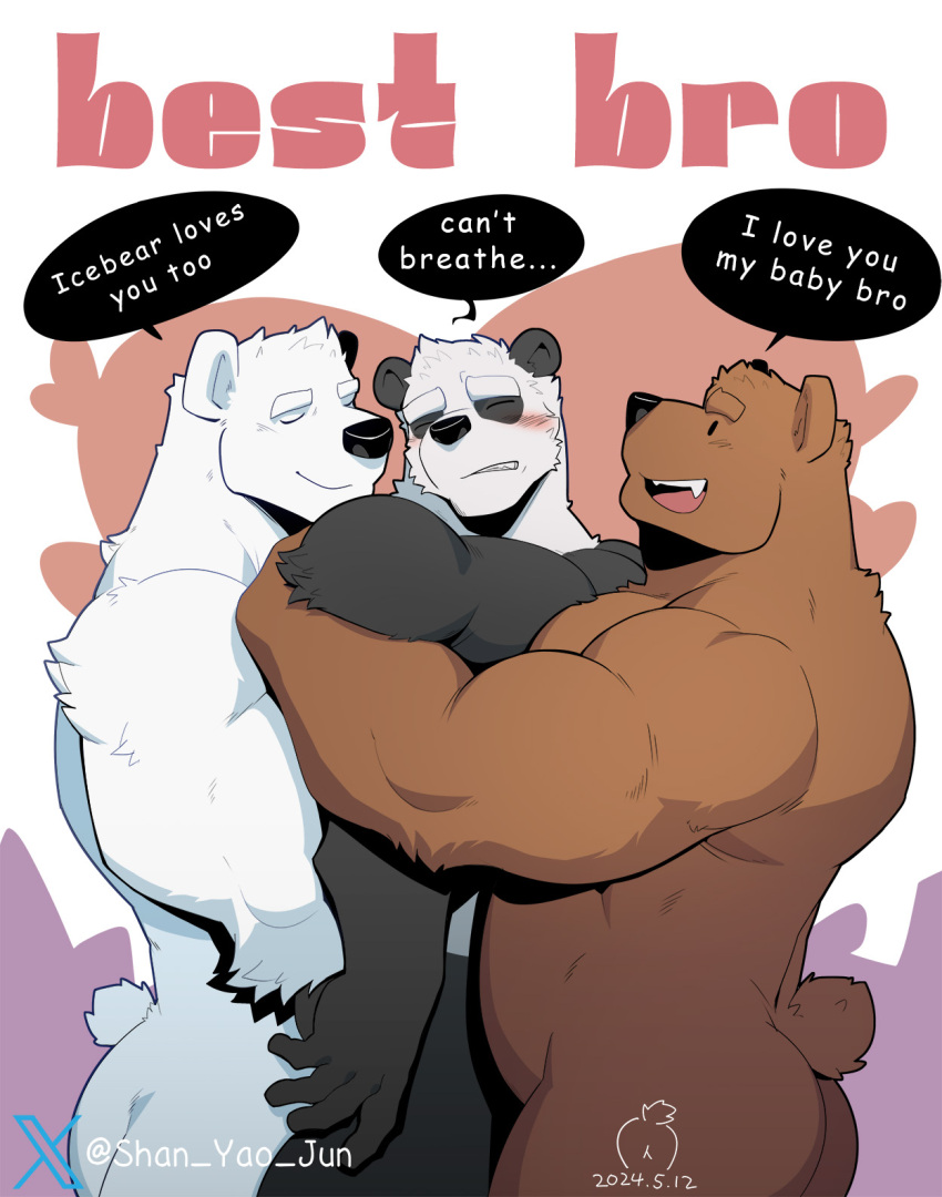 2024 adopted_(lore) adoptive_brother_(lore) adoptive_brothers_(lore) adoptive_sibling_(lore) anthro barazoku bear bear_hug biceps big_muscles blush brown_bear cartoon_network clenched_teeth dated dialogue dot_eyes english_text eyebrows eyes_closed frown fur giant_panda grizzly_(we_bare_bears) grizzly_bear group heart_symbol hi_res hug ice_bear_(we_bare_bears) kemono male male/male mammal manwiched muscular muscular_anthro muscular_male nude open_mouth open_smile panda_(we_bare_bears) pecs polar_bear pseudo_incest_(lore) sandwiched shan_yao_jun signature simple_background smile teeth text trio tuft ursine we_bare_bears x_(social_media) x_corporation