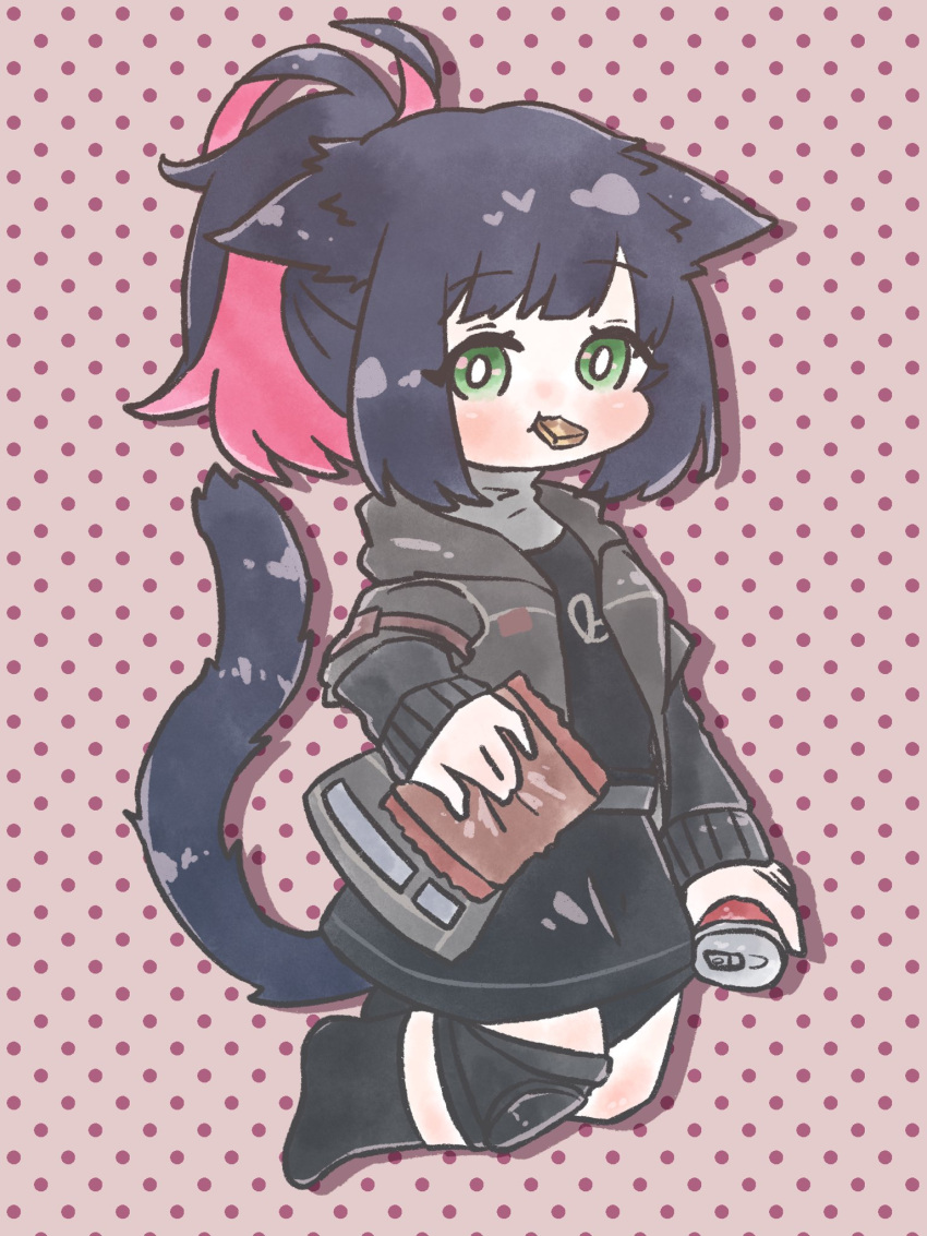 1girl animal_ears arknights bag black_footwear black_jacket black_shirt black_skirt blue_hair blush can cat_ears cat_girl cat_tail chibi colored_inner_hair dotted_background eyebrows_visible_through_hair full_body green_eyes highres holding holding_bag holding_can jacket jessica_(arknights) knee_pads long_sleeves looking_at_viewer mouth_hold multicolored_hair nunnuje_a_u_e open_clothes open_jacket pink_background pink_hair shadow shirt single_knee_pad skirt solo tail tail_raised