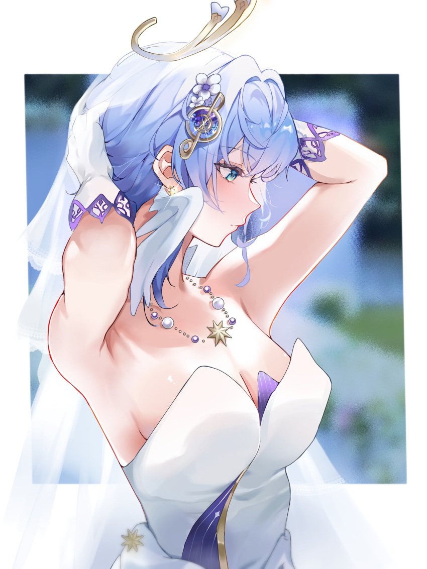 1girl alternate_costume aqua_eyes armpits arms_behind_head blue_hair blurry blurry_background border breasts cleavage closed_mouth earrings flower from_side gloves hair_ornament halo head_wings highres honkai:_star_rail honkai_(series) jewelry kbnimated looking_to_the_side musical_note musical_note_hair_ornament necklace petals robin_(honkai:_star_rail) solo white_border white_flower white_gloves white_veil white_wings wings