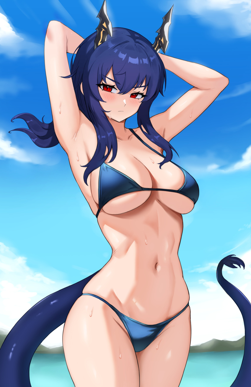 1girl arknights arms_behind_head arms_up beach bikini blue_bikini blue_hair blush breasts ch'en_(arknights) cowboy_shot day dragon_girl dragon_horns dragon_tail english_commentary fangs_(fangs_art) from_below hair_between_eyes half-closed_eyes highres hip_focus horns light_frown long_hair looking_at_viewer looking_down medium_breasts navel ocean outdoors red_eyes skindentation slit_pupils solo stomach swimsuit tail thighs