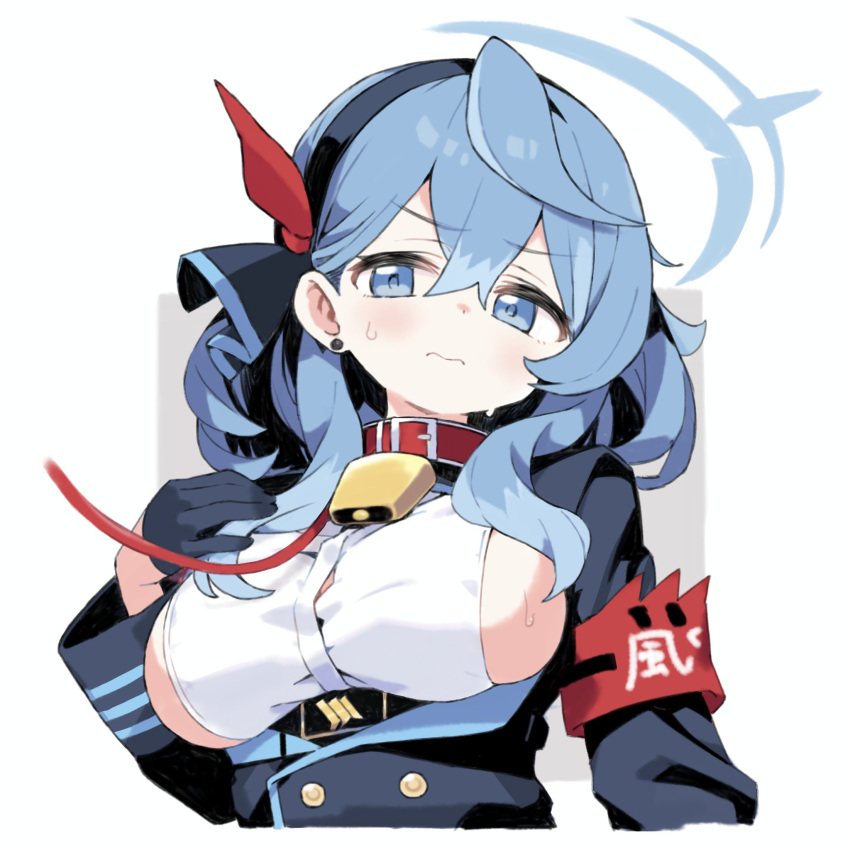 1girl ako_(blue_archive) animal_collar bell black_hairband black_jacket blue_archive blue_eyes blue_hair blue_halo blush breasts closed_mouth collar hair_between_eyes hairband halo highres jacket large_breasts long_hair long_sleeves looking_at_viewer moru_(monaka) neck_bell sideboob solo upper_body