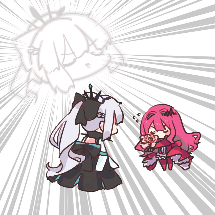 2girls baobhan_sith_(fate) baobhan_sith_(first_ascension)_(fate) black_dress blush boots bouquet chibi closed_eyes dress emphasis_lines fate/grand_order fate_(series) frilled_dress frills full_body hair_ornament hair_ribbon highres holding holding_bouquet morgan_le_fay_(fate) mother_and_daughter multiple_girls pink_dress pink_hair ponytail ribbon shigure_(ffrh7824) sidelocks thigh_boots white_background white_hair