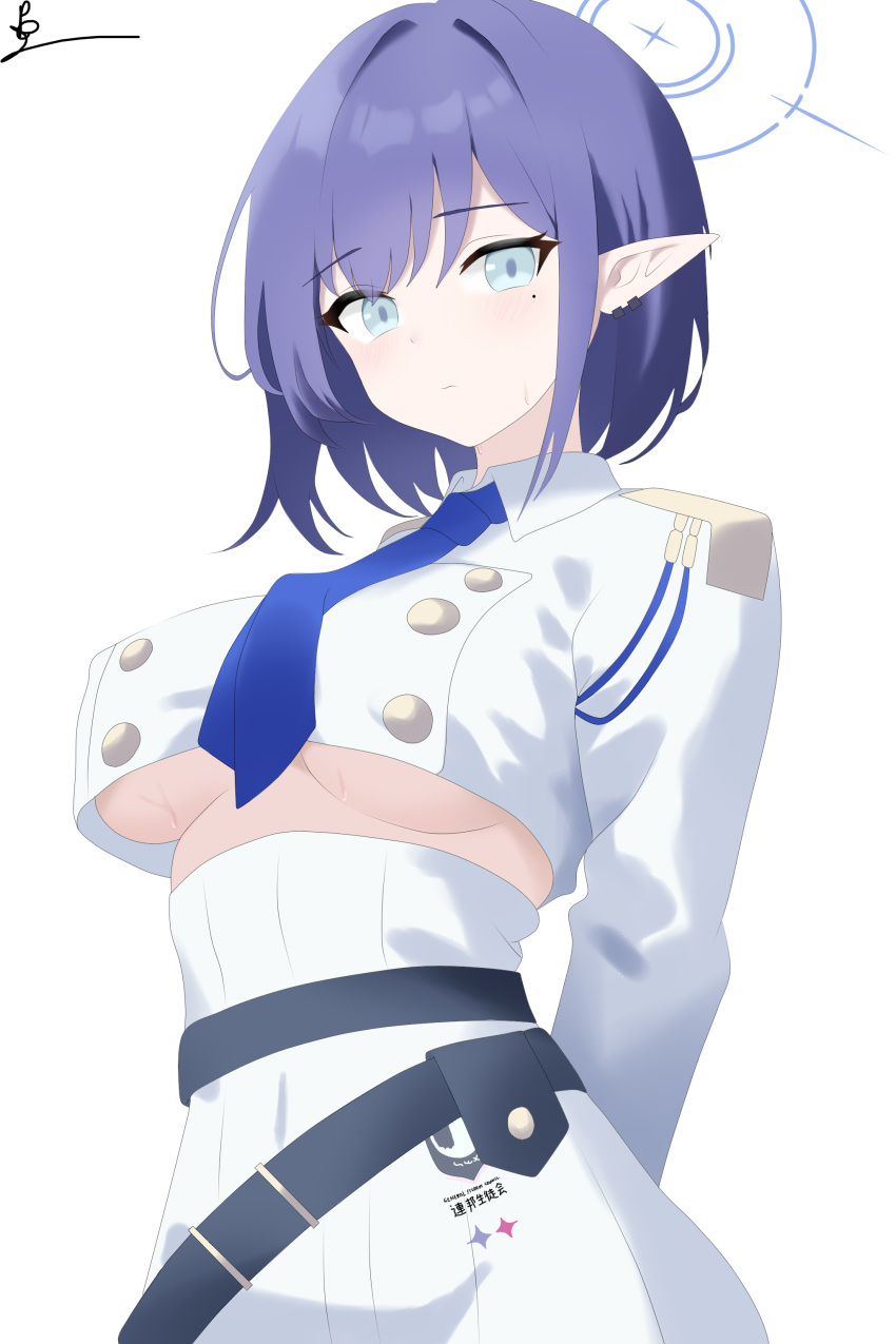 1girl absurdres aoi_(blue_archive) arms_behind_back belt blue_archive blue_necktie blush breasts commentary cropped_shirt earclip halo high-waist_skirt highres jacket looking_at_viewer loose_belt medium_breasts mole mole_under_eye necktie pointy_ears potgit purple_hair short_hair signature simple_background skirt solo underboob white_background white_jacket white_skirt